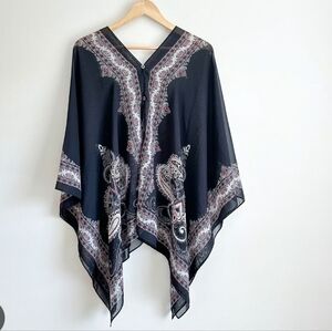 J. Jill Two- Way Black Sheer Shawl Poncho with Paisley Accents